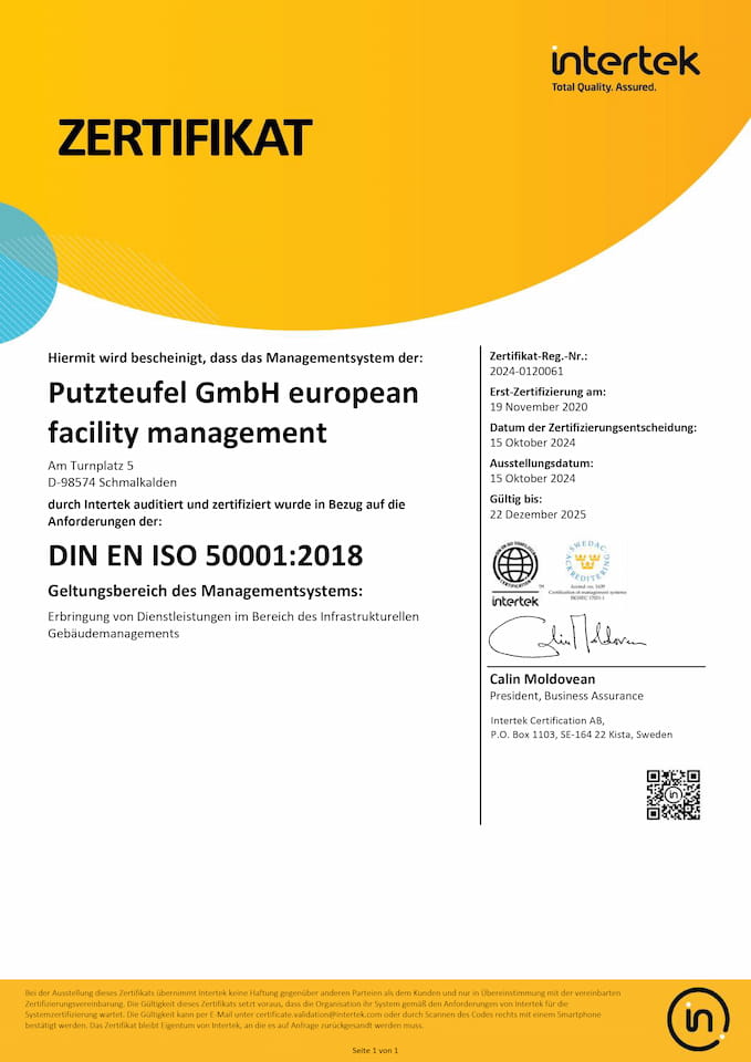 Intertek Zertifikat ISO 50001:2018 für das Energiemanagementsystem der Putzteufel GmbH European Facility Management.