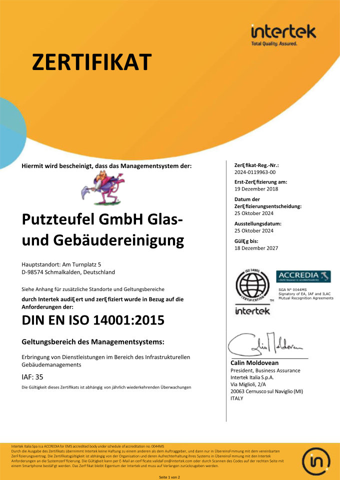 Intertek Zertifikat ISO 14001:2015 für das Umweltmanagementsystem der Putzteufel GmbH Glas- und Gebäudereinigung.
