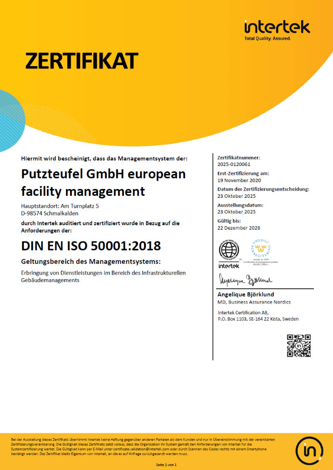 Intertek Zertifikat ISO 50001:2018 für das Energiemanagementsystem der Putzteufel GmbH European Facility Management.