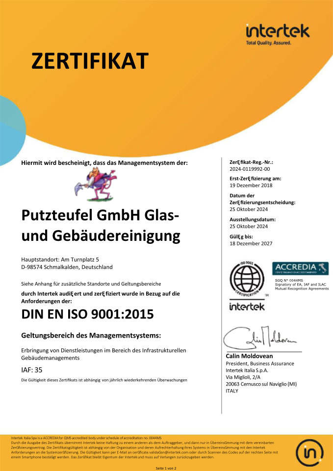 Intertek Zertifikat ISO 9001:2015 für das Qualitätsmanagementsystem der Putzteufel GmbH Glas- und Gebäudereinigung.