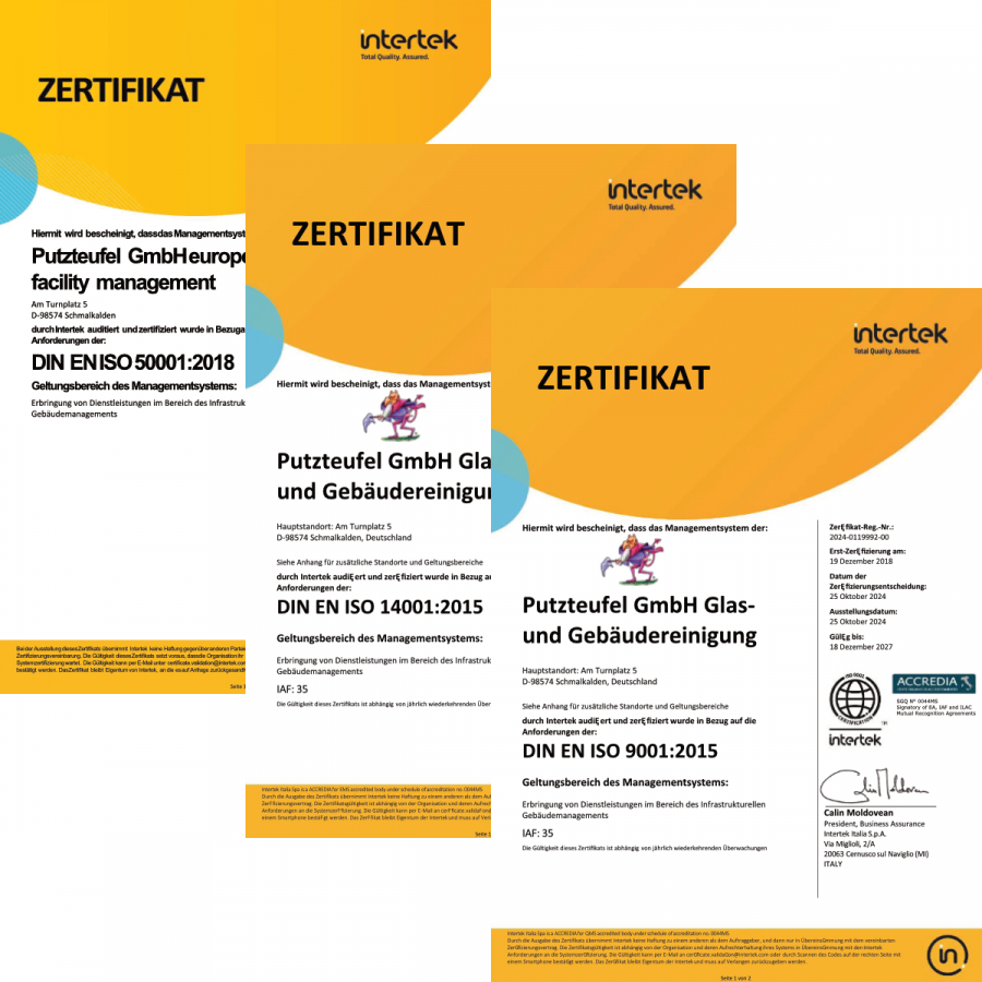 Zertifikate der Putzteufel GmbH nach ISO 9001, 14001 und 50001 für Qualitäts-, Umwelt- und Energiemanagement.
